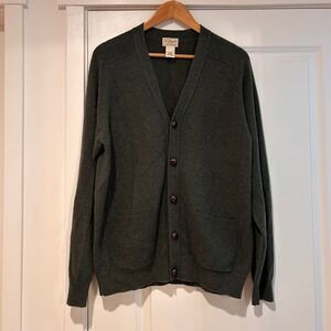 L.L. Bean Mens Lambswool Cardigan Sweater Green Button Front Medium Grandpa